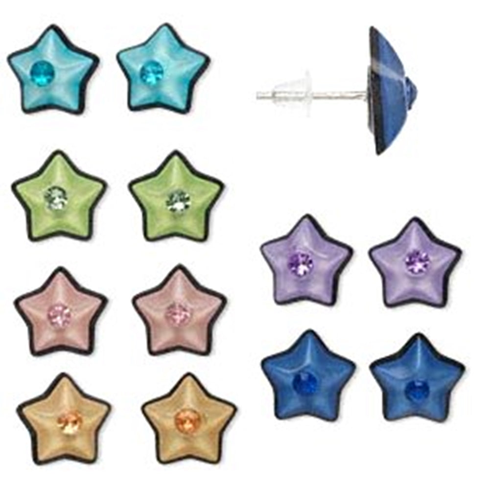 Star Stud Earring Set with Steel Posts and Rhinestone Center Pack of 6 Pair