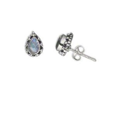 Rainbow Moonstone Post Stud Earrings Teardrop with Bead Sterling Silver