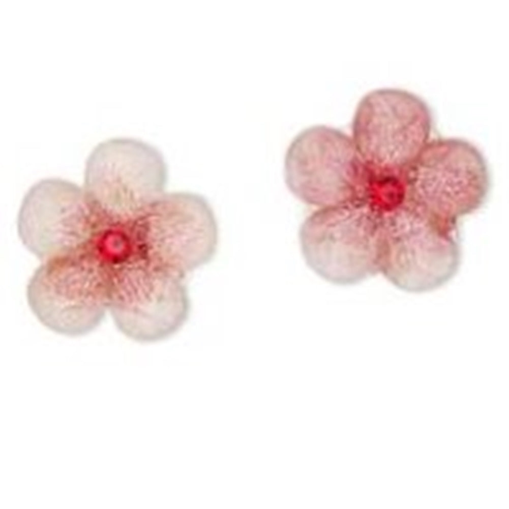 Pink Flower Stud Earrings 14mm Faceted Petals and Crystal Center Sterling Silver