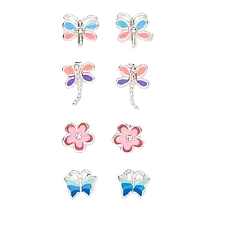 Set of 4 Post Stud Earrings Butterflies Dragonflies and Flowers Pink Blue Purple