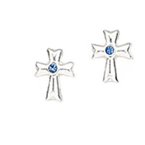 Cross Post Stud Earrings with Dark Blue Crystal