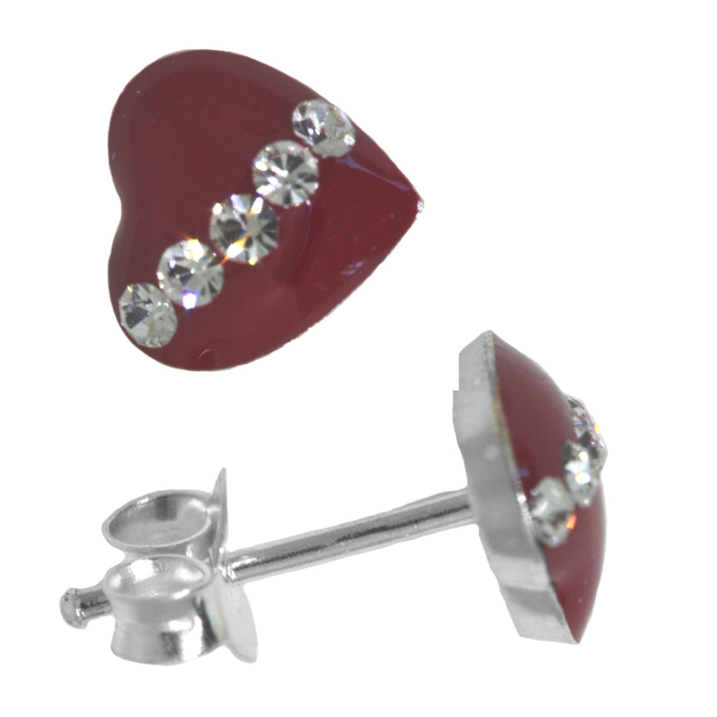 Red Heart Stud Earrings with Sparkling Rhinestones Sterling Silver