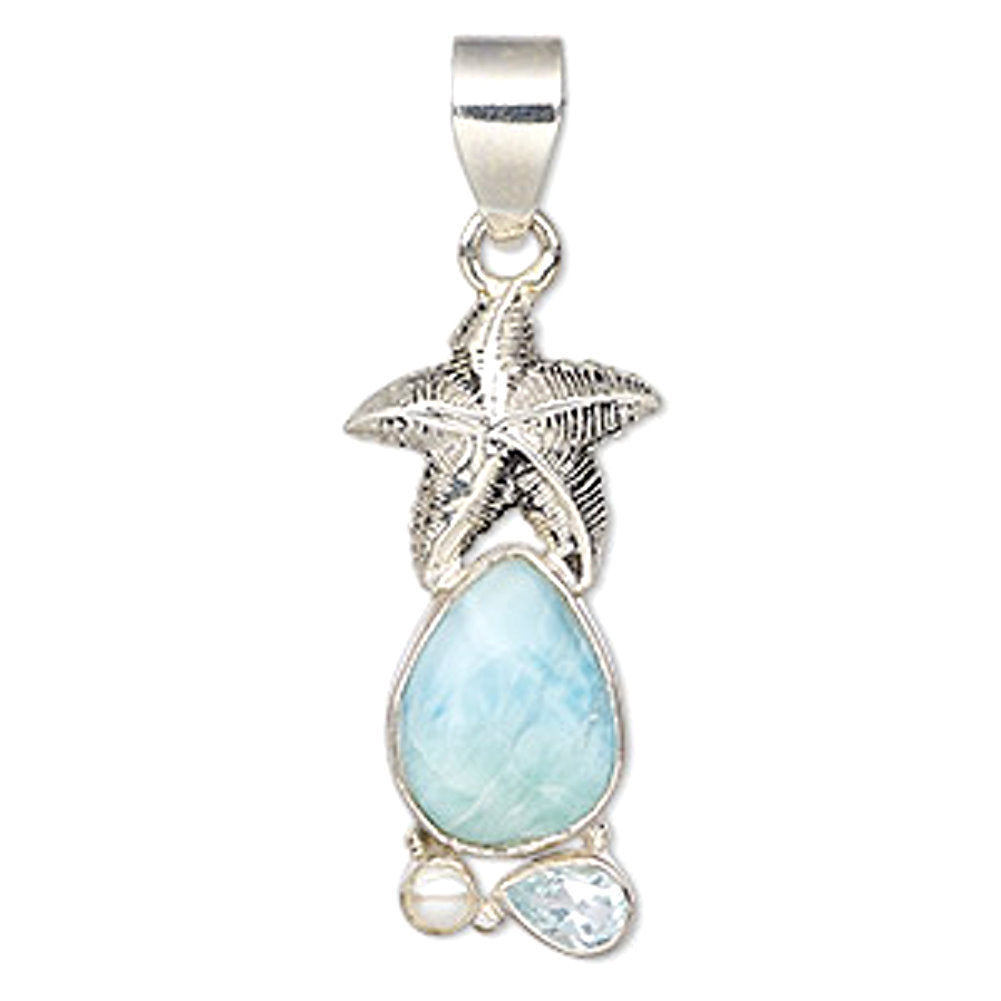 Larimar Pendant Blue Topaz Cultured Freshwater Pearls Starfish Sterling Silver