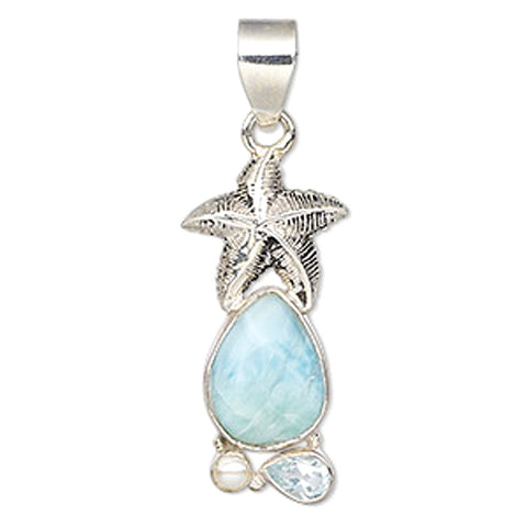 Larimar Pendant Blue Topaz Cultured Freshwater Pearls Starfish Sterling Silver