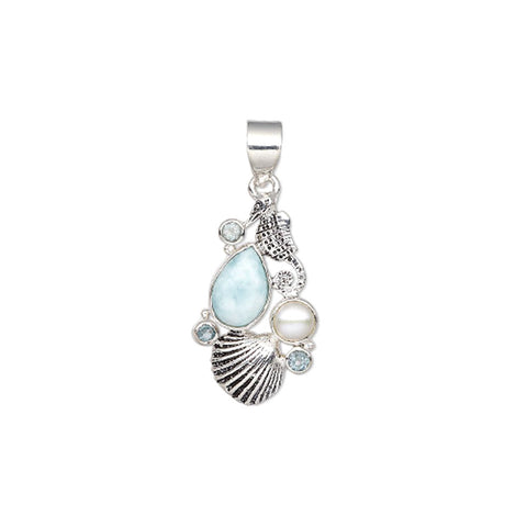 Larimar Pendant with Blue Topaz Cultured Freshwater Pearl Nautical Theme