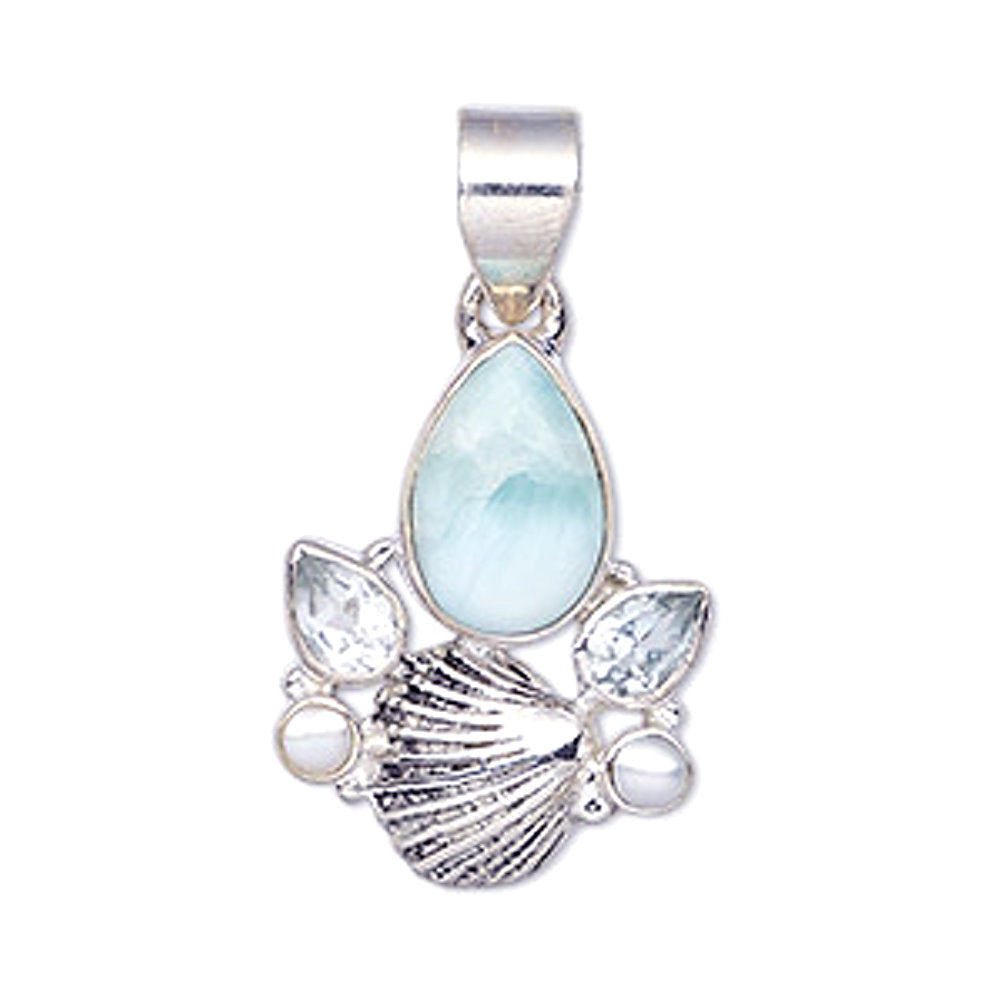 Larimar Pendant Blue Topaz and Cultured Freshwater Pearls Shell Sterling Silver