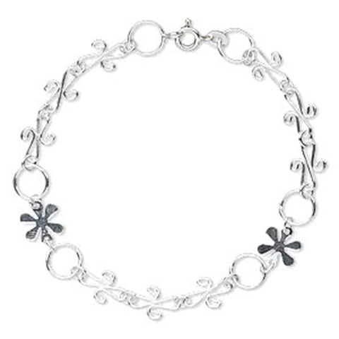 Flower Design Bracelet with Circles and Scrolled Links Sterling Silver