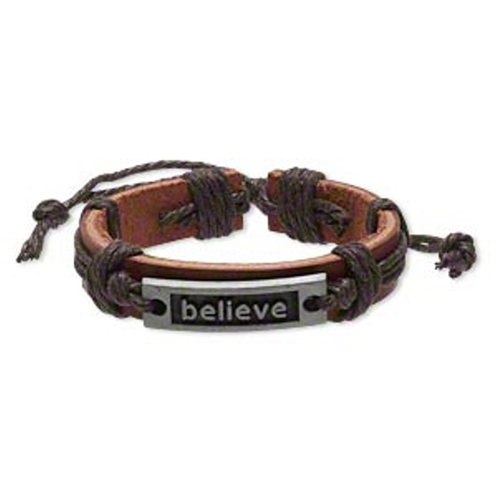 AzureBella Jewelry Believe Bracelet Brown Leather with Metal Engraved Plate - Adjustable Length