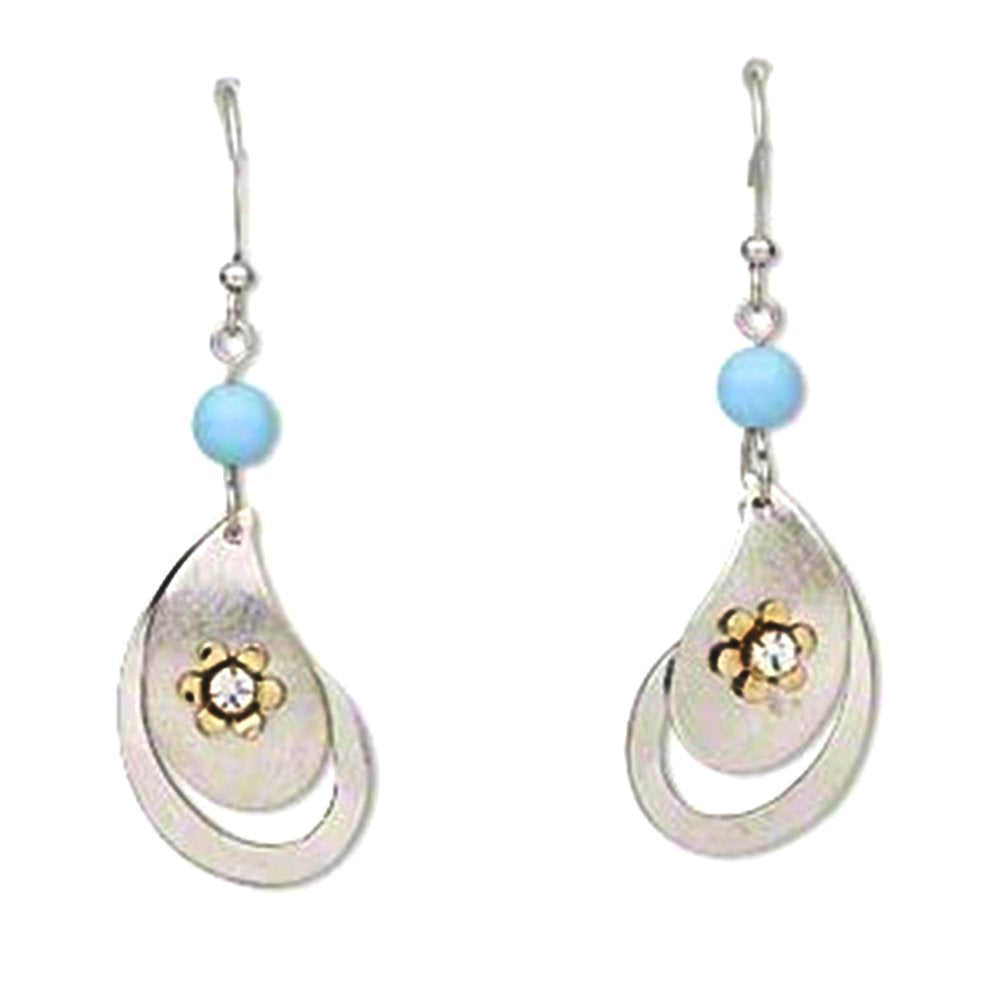 Dangle Earrings with Blue Bead and Gold-plated Flowers Rhodium Plate