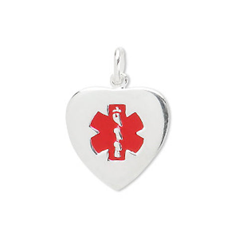 Medical Alert Tag Pendant Heart Shape Sterling Silver