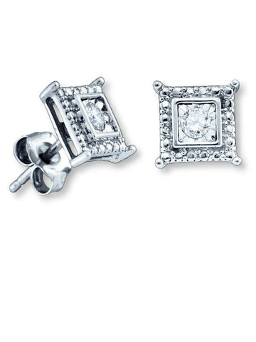 Diamond Stud Earrings 1/20 ctw Square Shape Rhodium on Sterling Silver