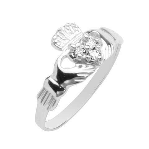 14k White Gold Claddagh Ring with Three Genuine Diamond Accents