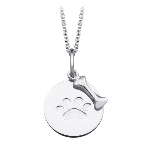 Engraved Paw Print Necklace with Bone Charm Rhodium-plated Sterling Silver