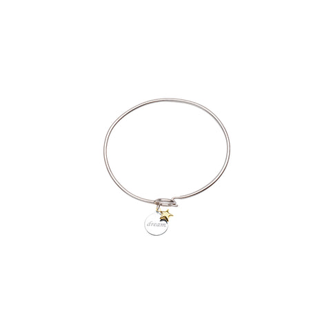 Bangle Bracelet with Engraved Dream Tag and 14k Gold Star Charm Sterling Silver