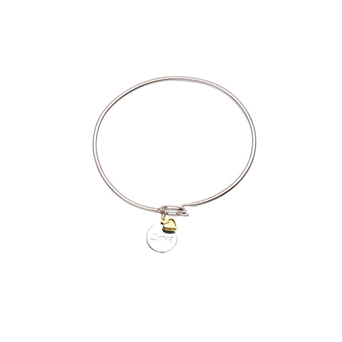 Bangle Bracelet with Engraved Love Tag and 14k Gold Heart Charm Sterling Silver