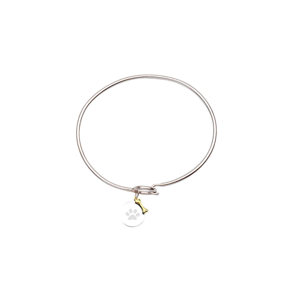Bangle Bracelet with Engraved Paw Print Tag and 14k Gold Bone Charm Sterling Silver