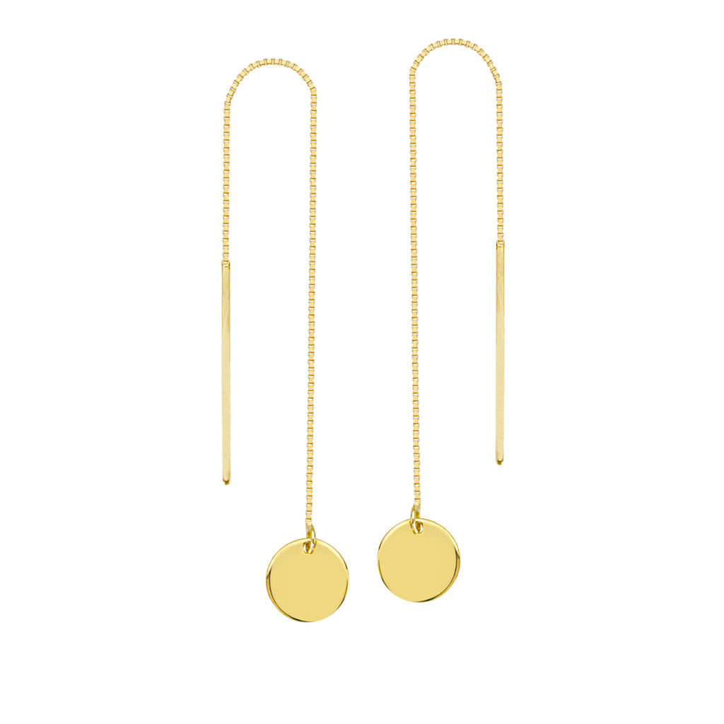 Threader Earrings 14K Yellow Gold Polished Flat Disk and Bar with Box Chain