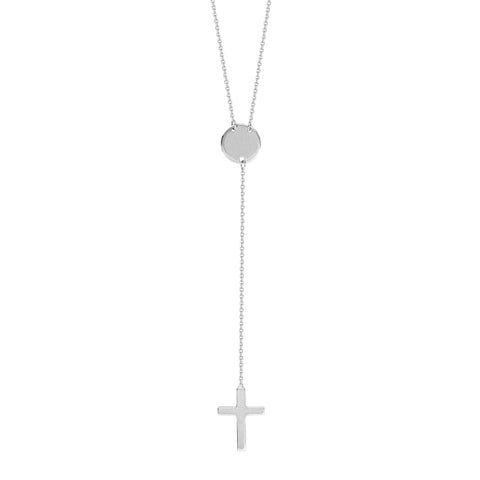 Disk and Cross Drop Necklace Lariat Style 14k White Gold Adjustable Length