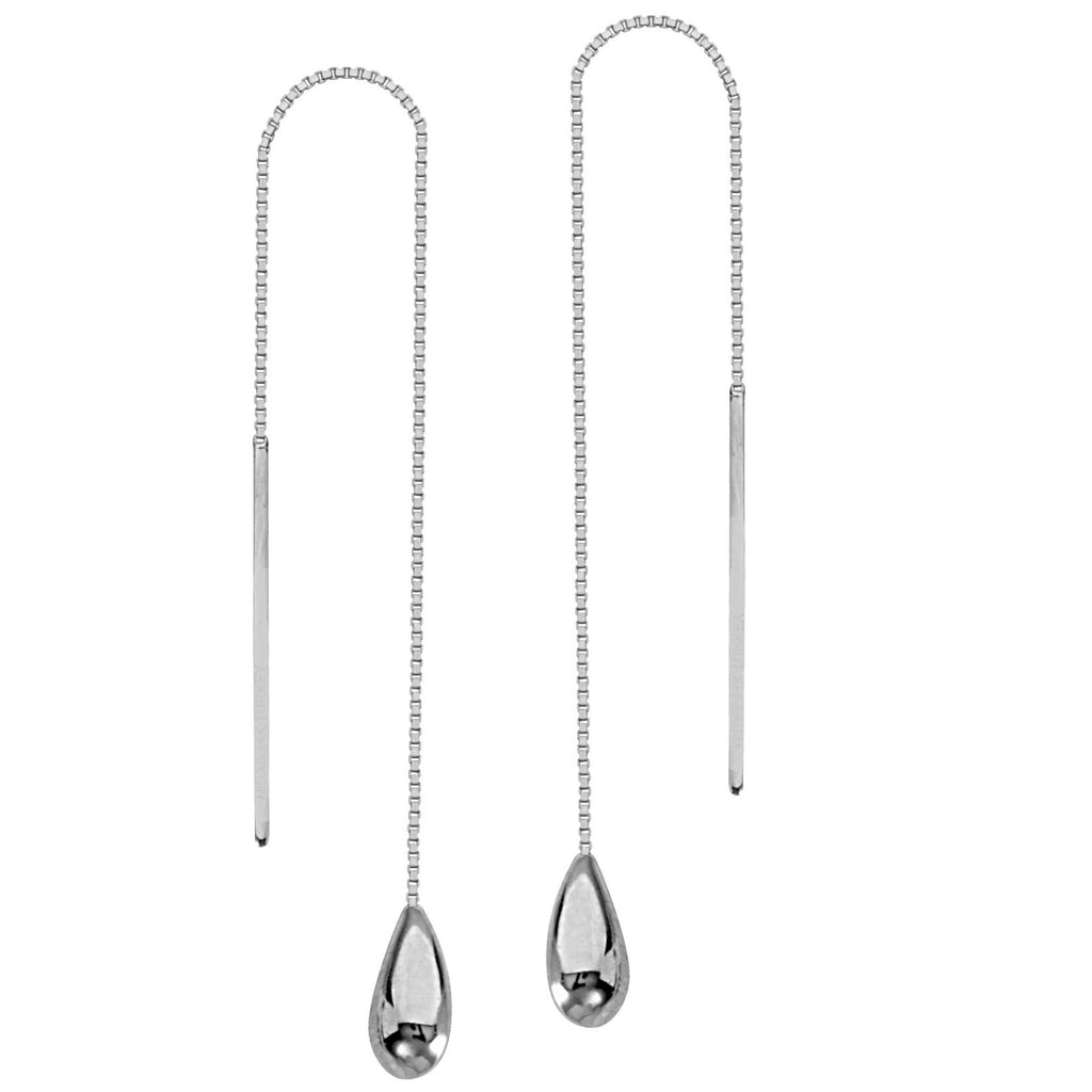 Threader Earrings 14K White Gold Polished Teardrop and Bar with Box Chain