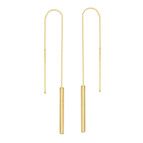 Threader Earrings 14K Yellow Gold with Tube Drop and Bar Ends