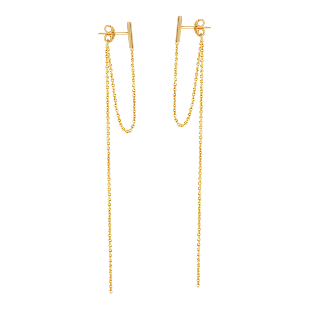 Staple Bar Drop Earrings 14k Yellow Gold Connected and Long Drop Chains