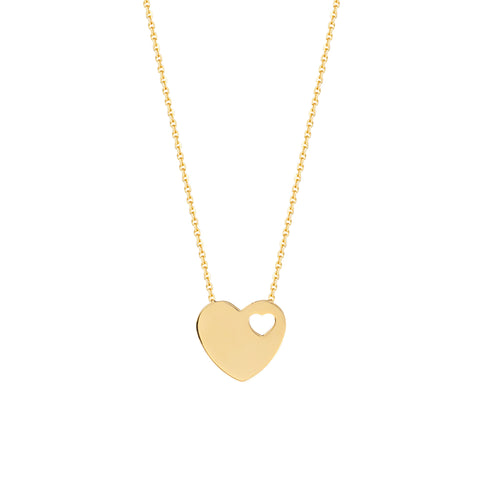 14k Yellow Gold Heart and Cut Out Heart Necklace Adjustable Length