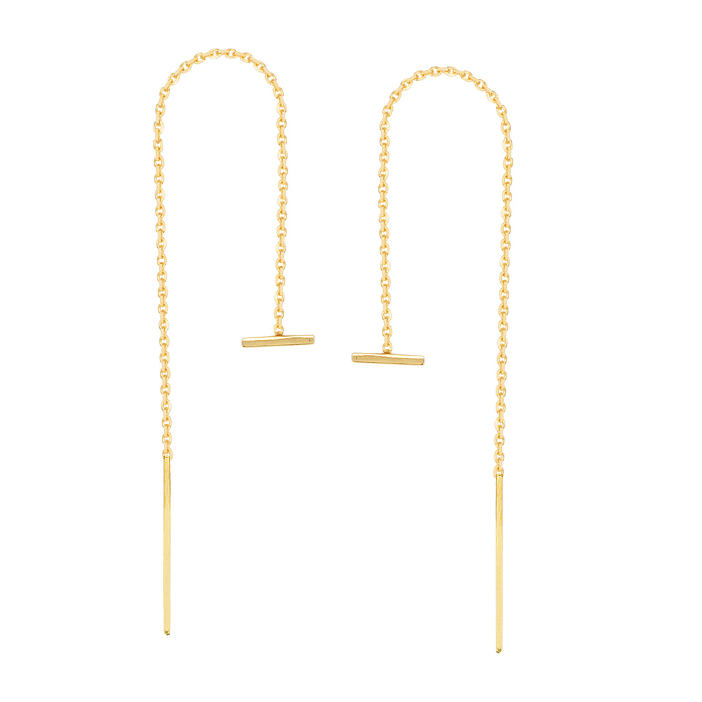 Threader Earrings 14K Yellow Gold Polished Double Staple Bar with Box Chain