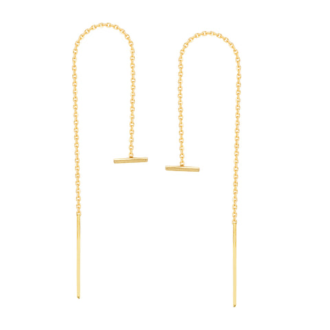 Threader Earrings 14K Yellow Gold Polished Double Staple Bar with Box Chain