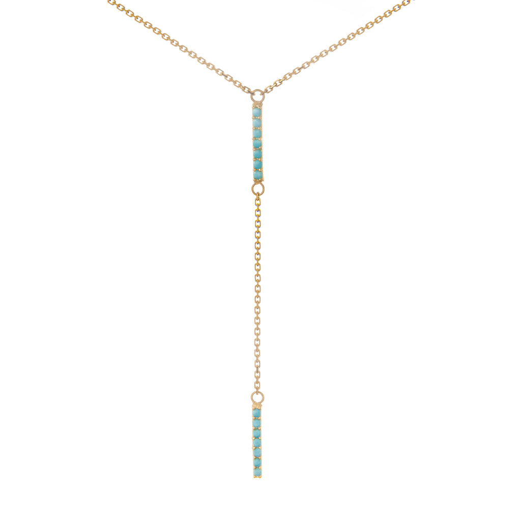 14k Yellow Gold Bar Necklace with Simulated Nano Turquoise Adjustable Length