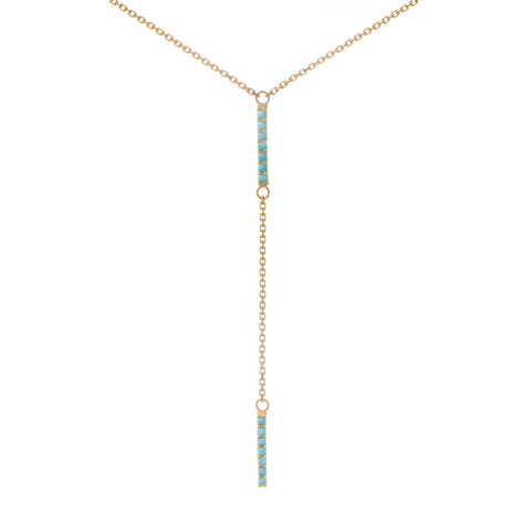 14k Yellow Gold Bar Necklace with Simulated Nano Turquoise Adjustable Length