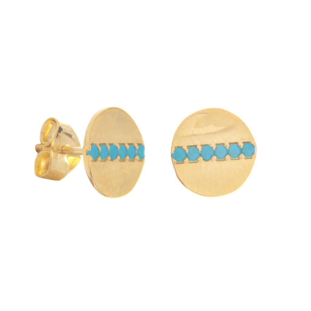 14k Yellow Gold Disc Stud Earrings with Simulated Nano Turquoise