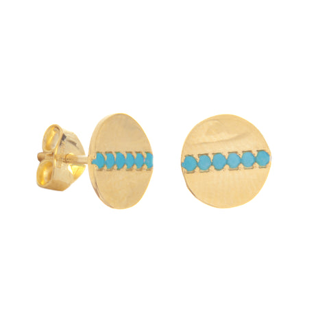 14k Yellow Gold Disc Stud Earrings with Simulated Nano Turquoise