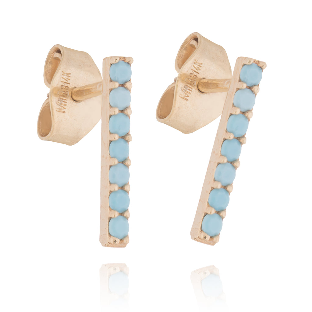 14k Yellow Gold Bar Post Stud Earrings with Simulated Nano Turquoise