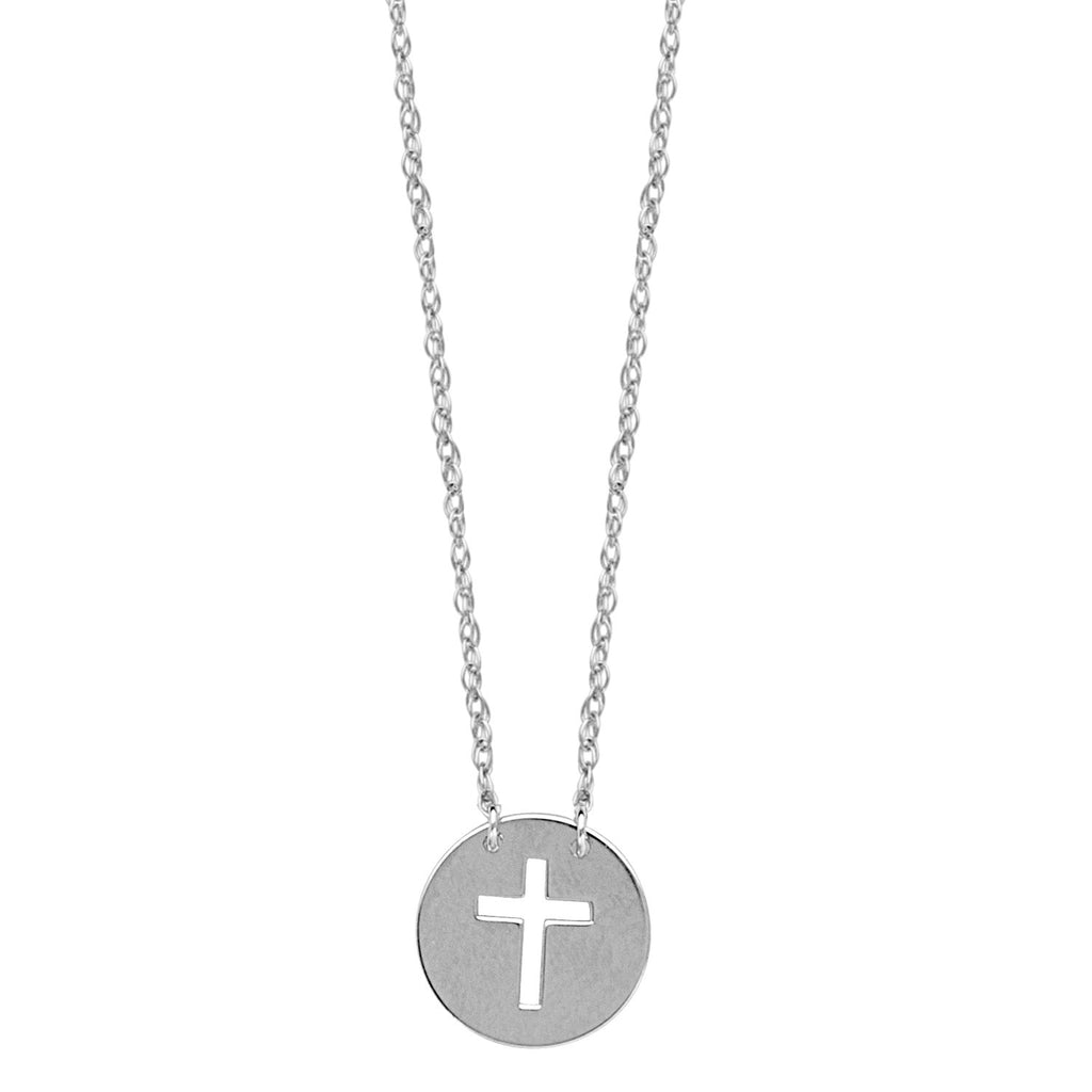 14k White Gold Cut-out Cross Disk Necklace on Rope Chain Adjustable Length - So You