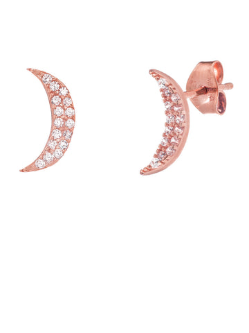 14k Rose Gold Crescent Moon Post Stud Earrings with Cubic Zirconia