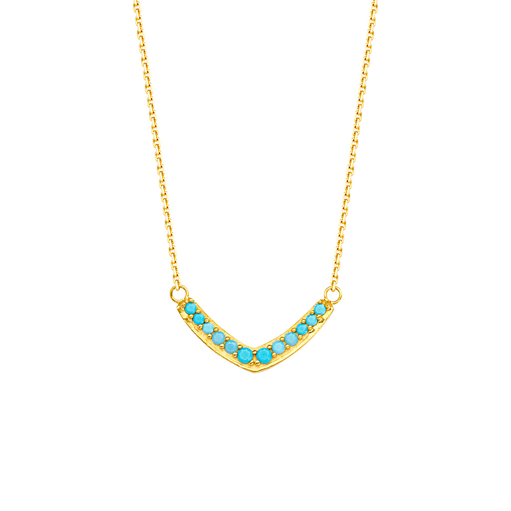14k Yellow Gold V Bar Necklace with Simulated Nano Turquoise Adjustable Length