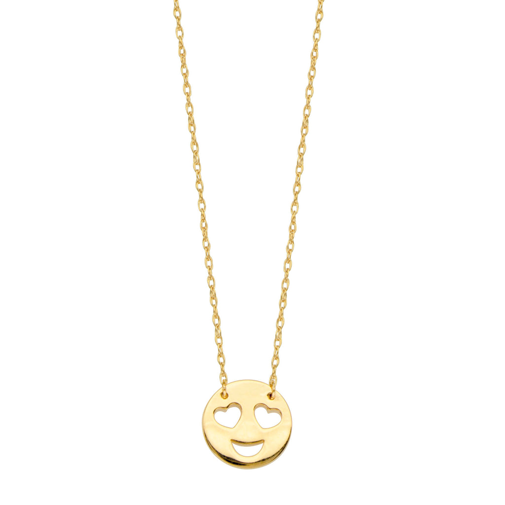 14k Yellow Gold Love Heart Eyes Smiley Emoji Necklace Adjustable Length - So You