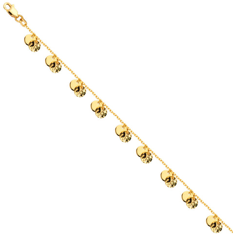14k Yellow Gold Chain Bracelet with Flat Round and Textured Disc Dangling Charms