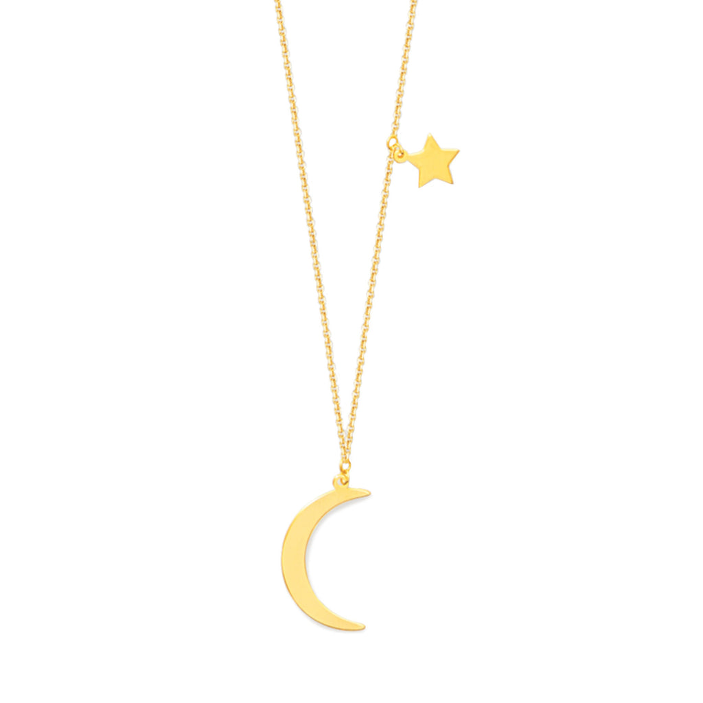 14k Yellow Gold Crescent Moon and Star Necklace Adjustable Length