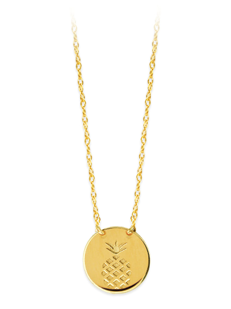 14k Yellow Gold Engraved Pineapple Disk Necklace Adjustable Length - So You