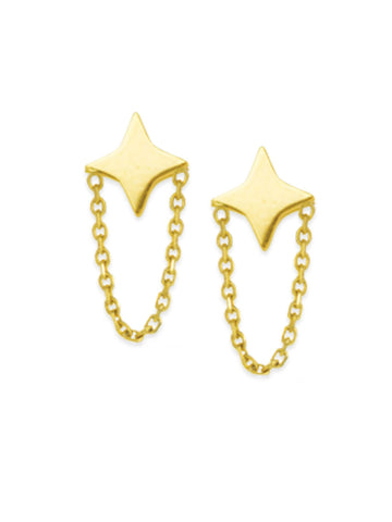 14k Yellow Gold Diamond-shape Star and Chain Drop Stud Earrings
