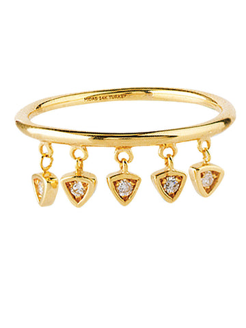 14k Yellow Gold Dangle Charm Ring with Diamonds in Triangle Shape Charms