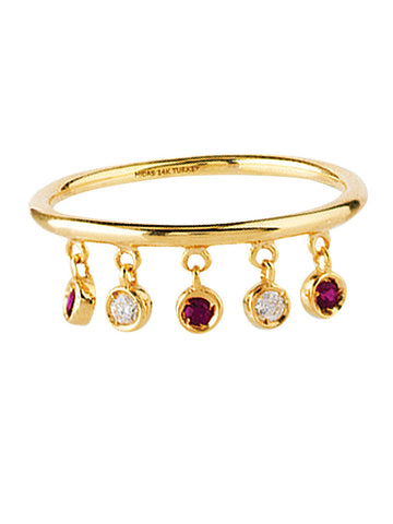 14k Yellow Gold Dangle Charm Ring with Diamonds and Rubies