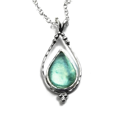 Ancient Roman Glass Necklace with Teardrop Shape Sterling Silver