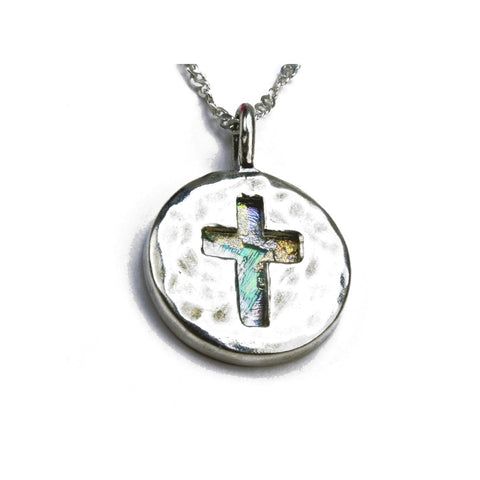 Ancient Roman Glass Necklace with Cut Out Cross Sterling Silver