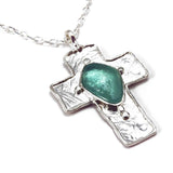 Ancient Roman Glass Cross Necklace Sterling Silver with 18-inch Chain