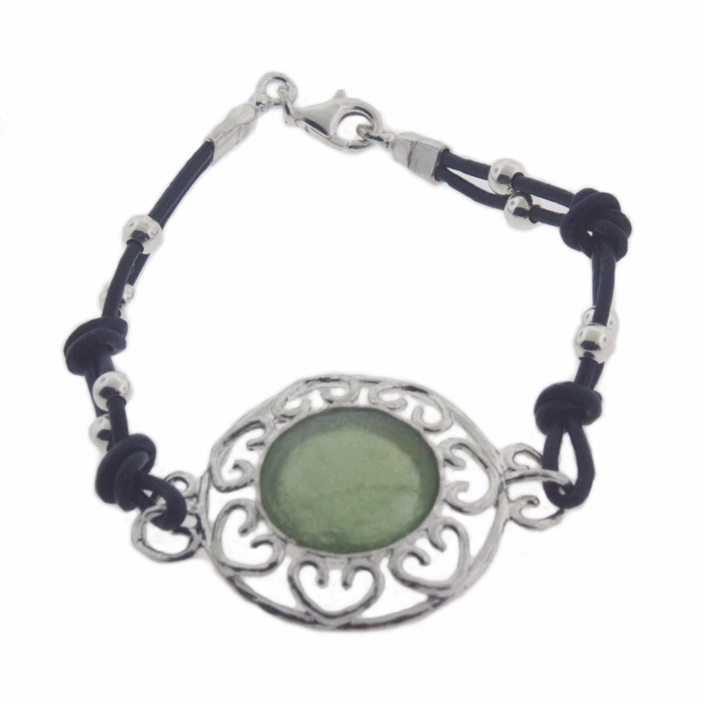 Ancient Roman Glass Bracelet with Heart Design Sterling Silver and Dark Blue Cord