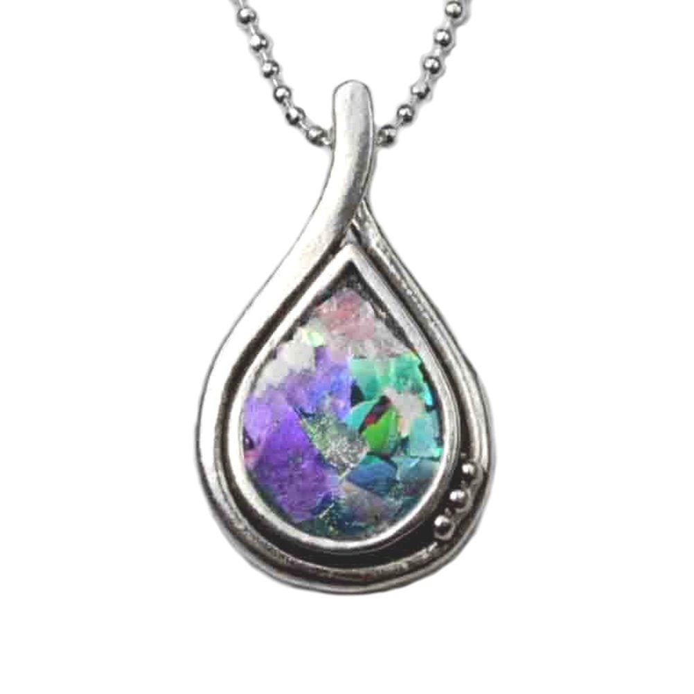 Ancient Roman Glass Necklace Teardrop Shape Sterling Silver with Bead Chain