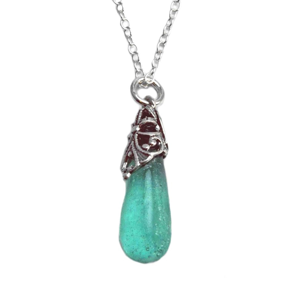 Ancient Roman Glass Teardrop Necklace Sterling Silver with 18-inch Chain