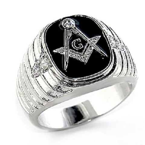 AzureBella Jewelry Masonic Ring with Black Enamel and Cubic Zirconia Accents on Top and Sides